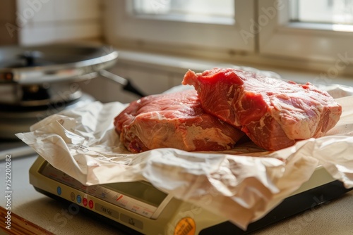 Two fillets of raw meat on paper on a weighing scale