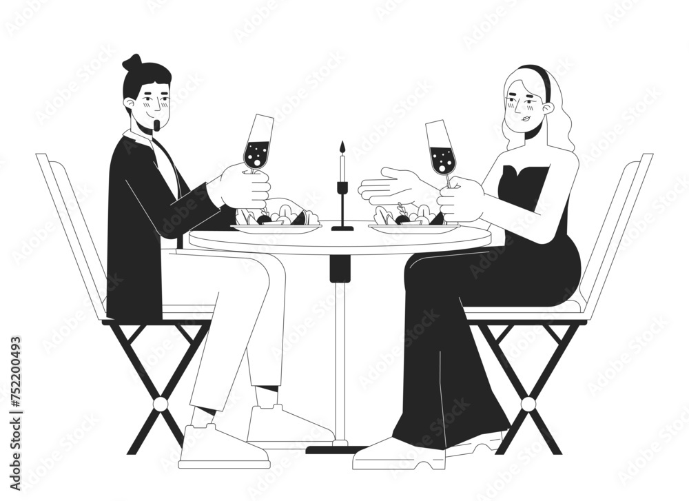 Heterosexual couple on romantic date black and white 2D line cartoon characters. Caucasian adult girlfriend boyfriend isolated vector outline people. Speed dating monochromatic flat spot illustration