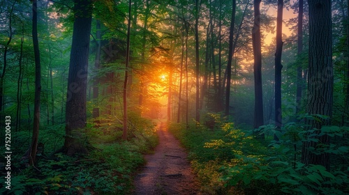 Sunset or sunrise in a summer pine forest with sunbeams