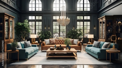 A large, luxurious living room with high ceilings and large windows. There are two blue-green sofas, one brown leather sofa, and two coffee tables. The room is decorated with many potted plants and th
