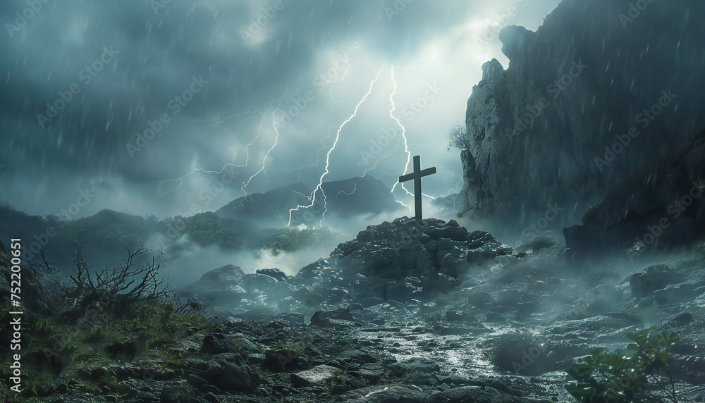 Fototapeta premium Recreation of a cross in a inhospitable place under a big storm