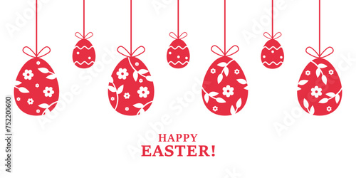 Festive Easter banner with red easter eggs with white floral patterns hanging against a white background with a cheerful greeting.