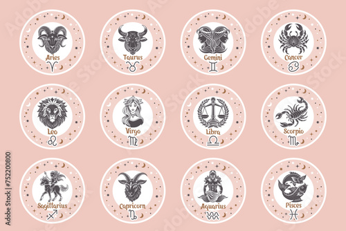 Astrology zodiac signs set, mystical round icons. Esoteric symbols for logo or icons. Pastel colors, vector