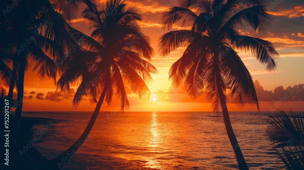 Tropical beach with palm trees at beautiful sunset