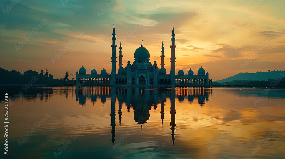 A panoramic shot of a tranquil lake reflecting the silhouette of a magnificent mosque, surrounded by lush greenery, setting a serene backdrop for Ramadan celebrations. 8K.