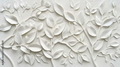 白い石膏のようなテクスチャのボタニカル模様の背景 © AYANO