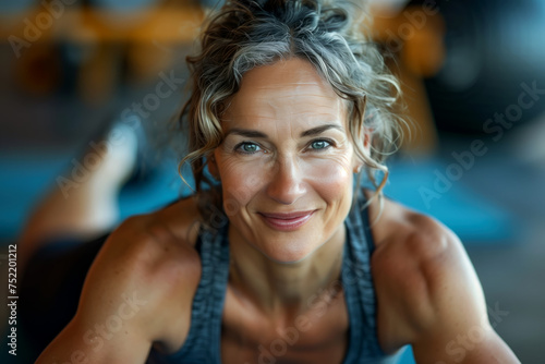 Happy middle-aged fitness woman smiling and doing fitness on a sports mat. Sports, fitness and training concept. photo