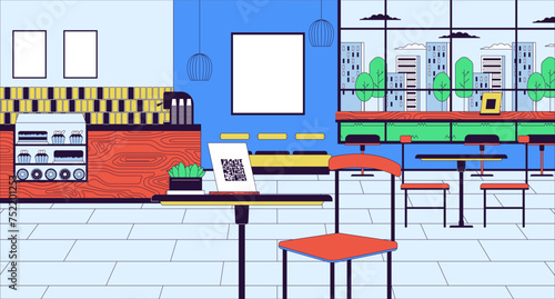 Coffee shop interior with qr code stand cartoon flat illustration. Cafe counter bakery. QR menu table 2D line interior colorful background. Furniture coffeeshop wall scene vector storytelling image