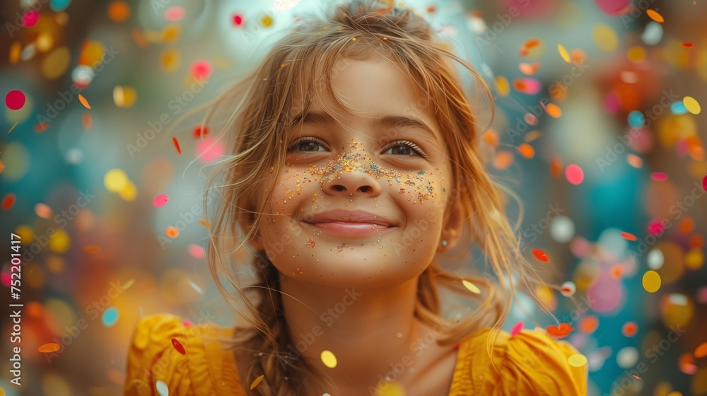 The little girls eyes sparkle as she smiles surrounded by confetti