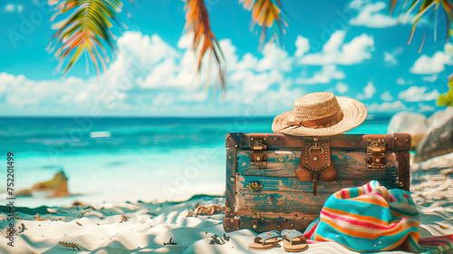 Chest on the beach with straw hat, sandals and beach towel. Summer concept
