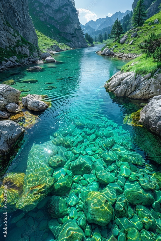 In the pristine wilderness, a turquoise river winds through a scenic valley, flanked by lush forests and towering cliffs. - obrazy, fototapety, plakaty 