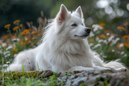 In the lush green outdoors  a beautiful white dog poses attentively  its fur shining in the summer sunlight.
