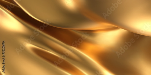 3d gold liquid silky background, golden fabric or metal foil smooth texture. Render of luxury cloth or curtain with wavy folds and shiny gradient effect flying in motion. 3d vector gold silk material.