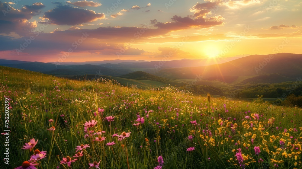 Meadow with wildflowers at sunset. Spring landscape.