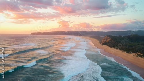 Aerial view of a beautiful beach at sunrise