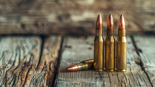 Close-up of rifle cartridges. Ammunition for firearms on a wooden surface. Dark background.
