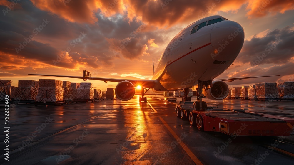 Airplane at the airport at sunset with a container yard concept for business. Transfer of product delivery. Airplane at the airport at sunset with a container yard concept for business. Transfer of product delivery.