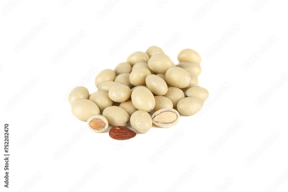 Almond nuts in white chocolate glaze on a white background. Almond nuts in white chocolate glaze on a white background.