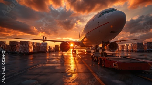 Airplane at the airport at sunset with a container yard concept for business. Transfer of product delivery.