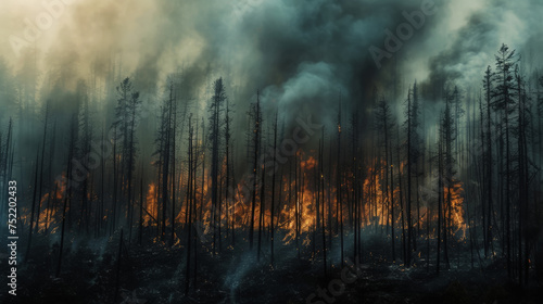 Wild forest fire. Burned trees after forest fires, lots of smoke. Natural disasters concept. Generative AI