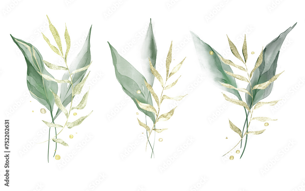 Fototapeta premium Delicate watercolor flowers with gold elements and glitter