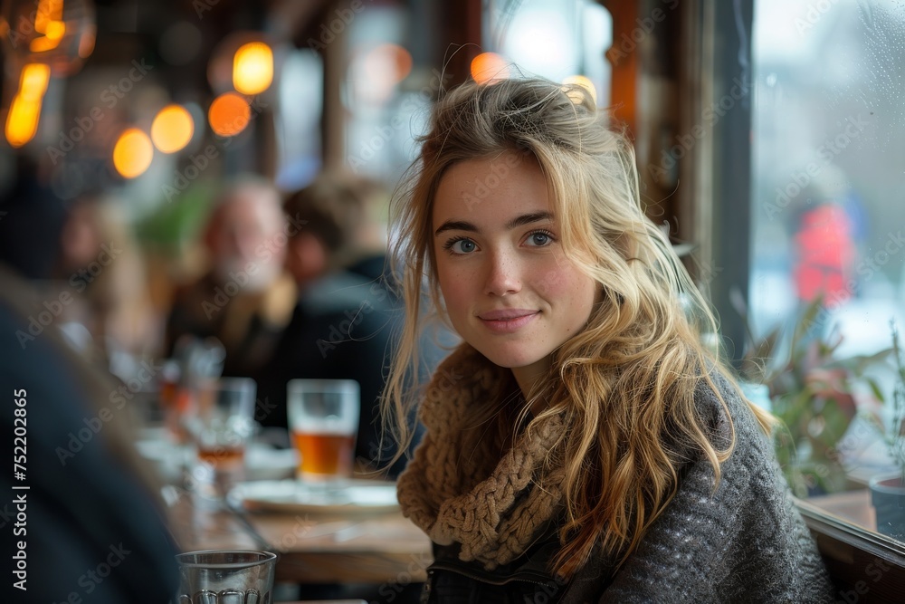 close-up of a young blonde woman wearing a knitted sweater sitting at a pub table with a casual vibe close-up of a young blonde woman wearing a knitted sweater sitting at a pub table with a casual vibe