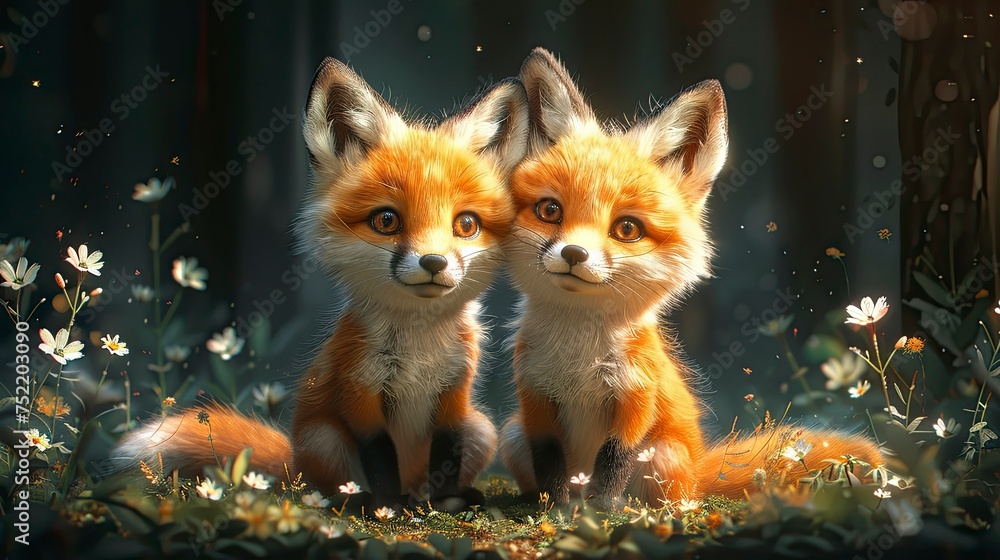 two small foxes on a lawn
