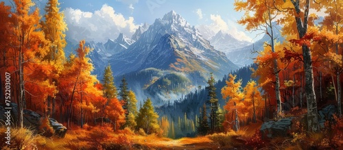A painting featuring a mountain towering over a dense forest filled with various trees.