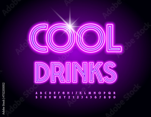 Vector glowing banner Cool Drinks. Trendy Neon Font. Modern Electric Alphabet Letters and Numbers set.