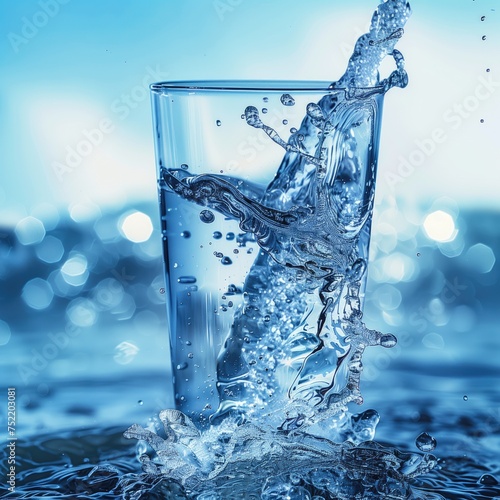 A glass of sparkling purified water in a cocktail glass on a light background with splashes.