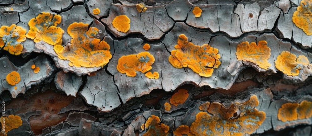 Detailed view of a tree trunk with vibrant yellow moss growing on its rugged surface.