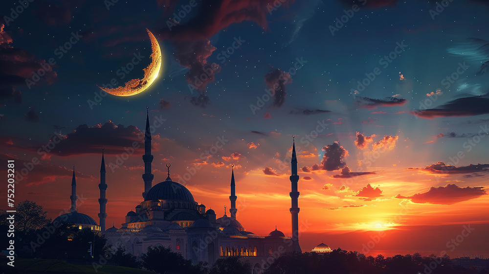 A stunning view of a crescent moon rising above a majestic mosque, with intricate Islamic patterns adorning the background, perfect for a Ramadan greeting card. 8K.