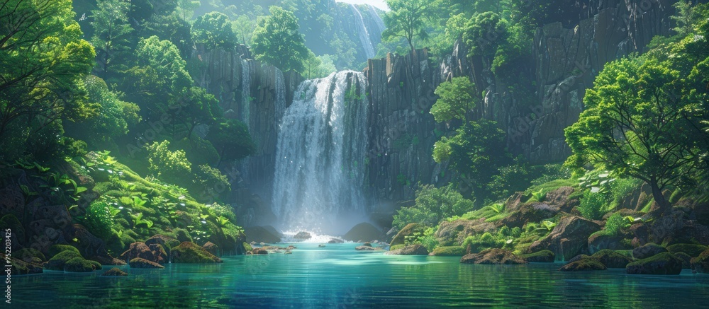 A waterfall gracefully cascades in the midst of a dense forest, surrounded by lush greenery and tall trees under a clear sky. - obrazy, fototapety, plakaty 