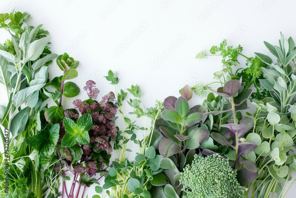 Fresh Herbal Leaves and Green Plants on White Background for Healthy Lifestyle - obrazy, fototapety, plakaty 