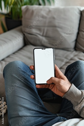 man using mobile smartphone with blank white screen on sofa in living room, copy space. mockup