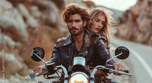 A charismatic, brutal man with a woman on a motorcycle. Concept of travel, motorcycle transport.