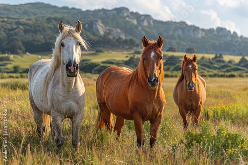 A powerful image of three horses with different coat colors  standing tall in a field of wildflowers