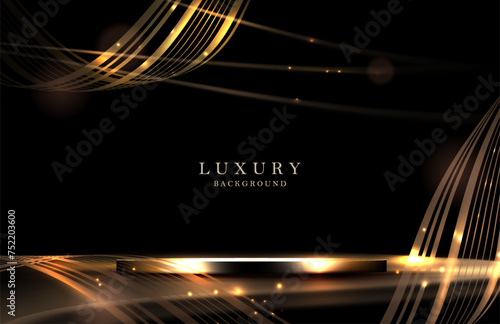 Dark illustration with podium, shiny tinsel and golden wave.