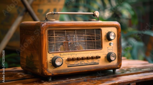 A vintage wooden radio receiver sits on a rustic outdoor table, its antenna raised high, ready to capture waves in a tranquil garden setting.