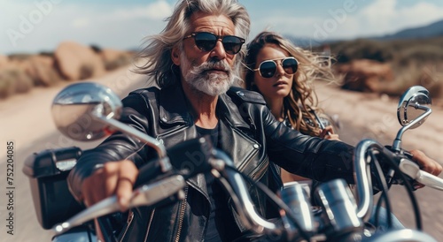 A charismatic, brutal man with a woman on a motorcycle. Concept of travel, motorcycle transport.