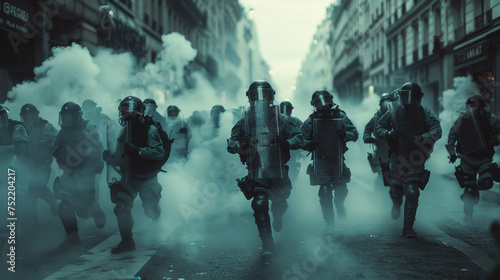 Riot police, police charges, smoke canisters, citizens running photo