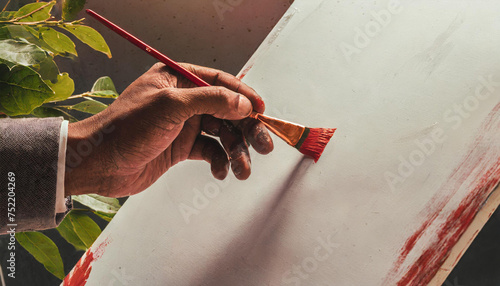 artist painter working on the canvas with brushes and oil paint