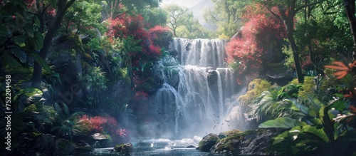 A large waterfall cascades down rocks surrounded by lush green trees in a breathtaking natural setting. © FryArt Studio