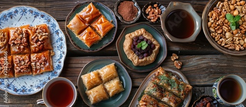 A table is arranged with traditional baklava desserts and various tea cups ready to be enjoyed.