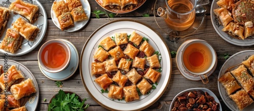 A table adorned with plates of food, including traditional baklava, and cups of tea arranged neatly.