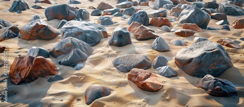 A collection of rocks of different shapes and sizes resting on a sandy beach.