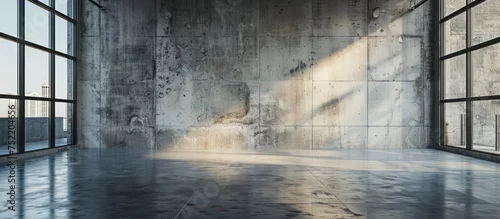 Panel kuchenny z motywem An empty room with expansive windows that flood the space with natural light. The walls are bare concrete, creating an industrial and minimalistic atmosphere.