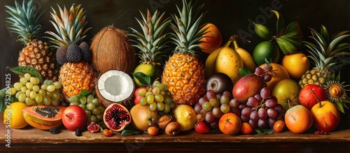 A detailed painting showcasing vibrant and assorted tropical fruits arranged on a table.