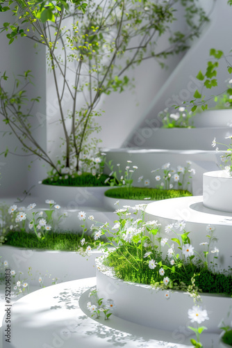 Sunlit Indoor Staircase Adorned with Lush Green Plants and Flowers