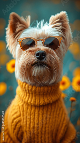 Funny dog wearing sunglasses on blue background with flowers. Cute and happy domestic pet. Summer and spring vacation and holiday concept. Animat for card, banner, advertising  photo